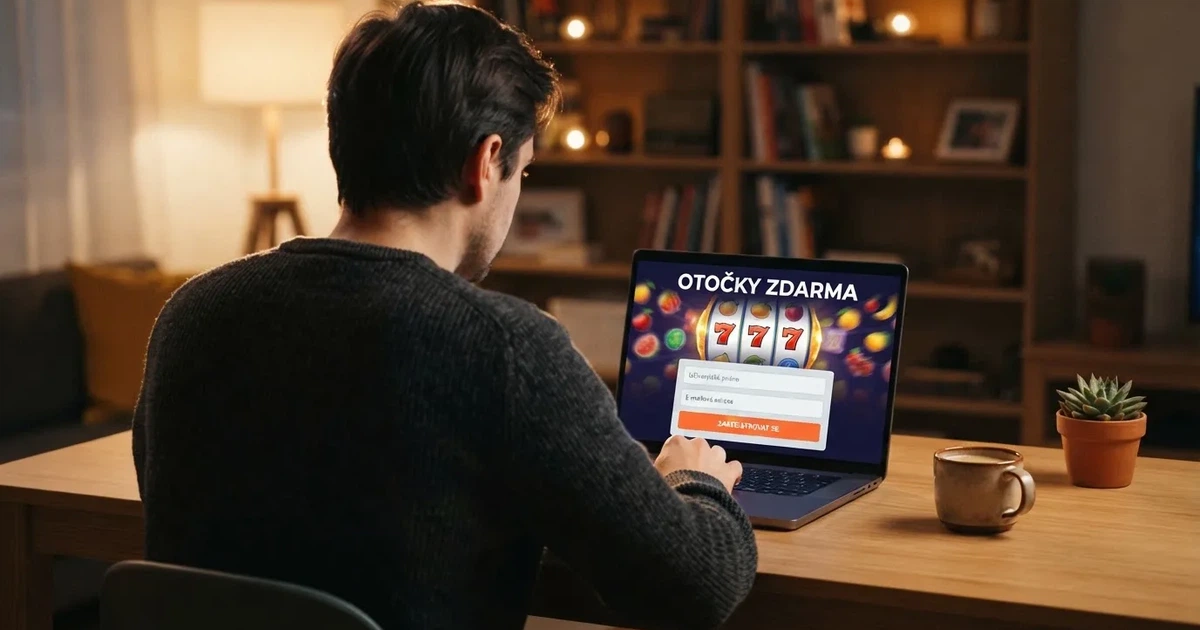 Hráč u notebooku si prohlíží nabídku volných otoček v online casinu, na obrazovce jsou vidět sloty s nápisem „free spins“ a registrační formulář.