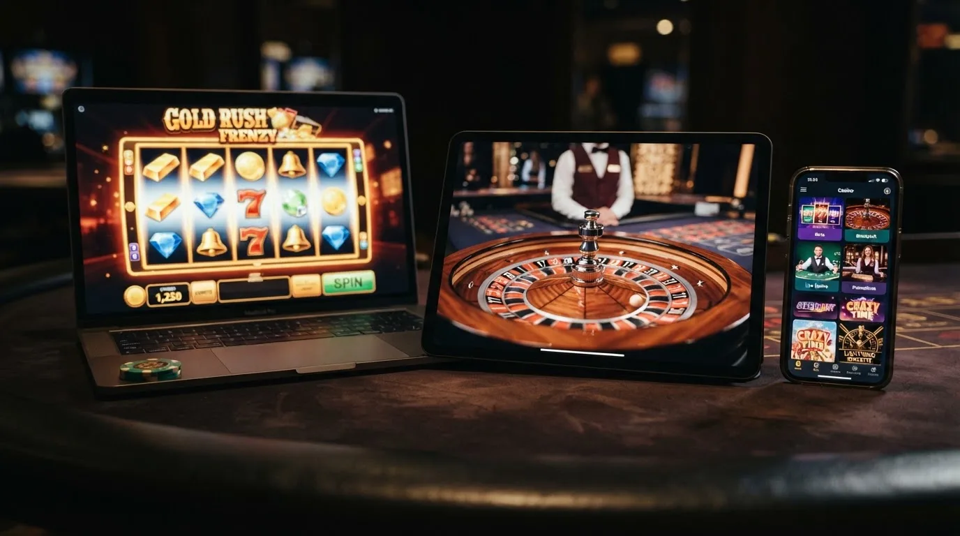 Koláž obrazovek: výherní automat s roztočenými válci, živý dealer u rulety, lobby online casina.