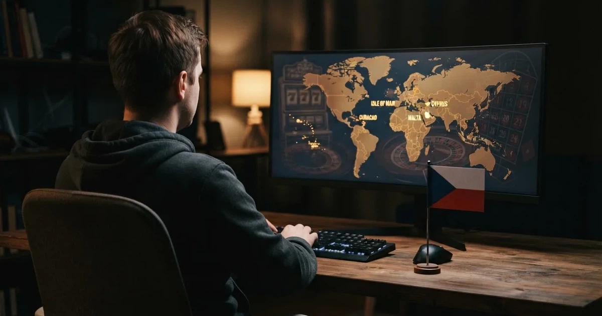 Hráč u obrazovky s českou vlajkou a mapou ukazující na offshore jurisdikce — vizuální metafora volby mezi domácím a zahraničním casino provozem