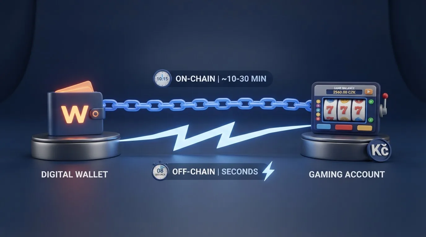 Schéma bitcoinové transakce z peněženky na herní účet — on-chain a Lightning cesta