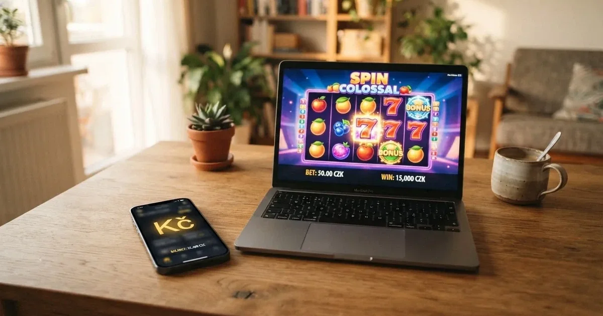 Přehled casino bonusů a free spinů na obrazovce notebooku a telefonu s českými korunami