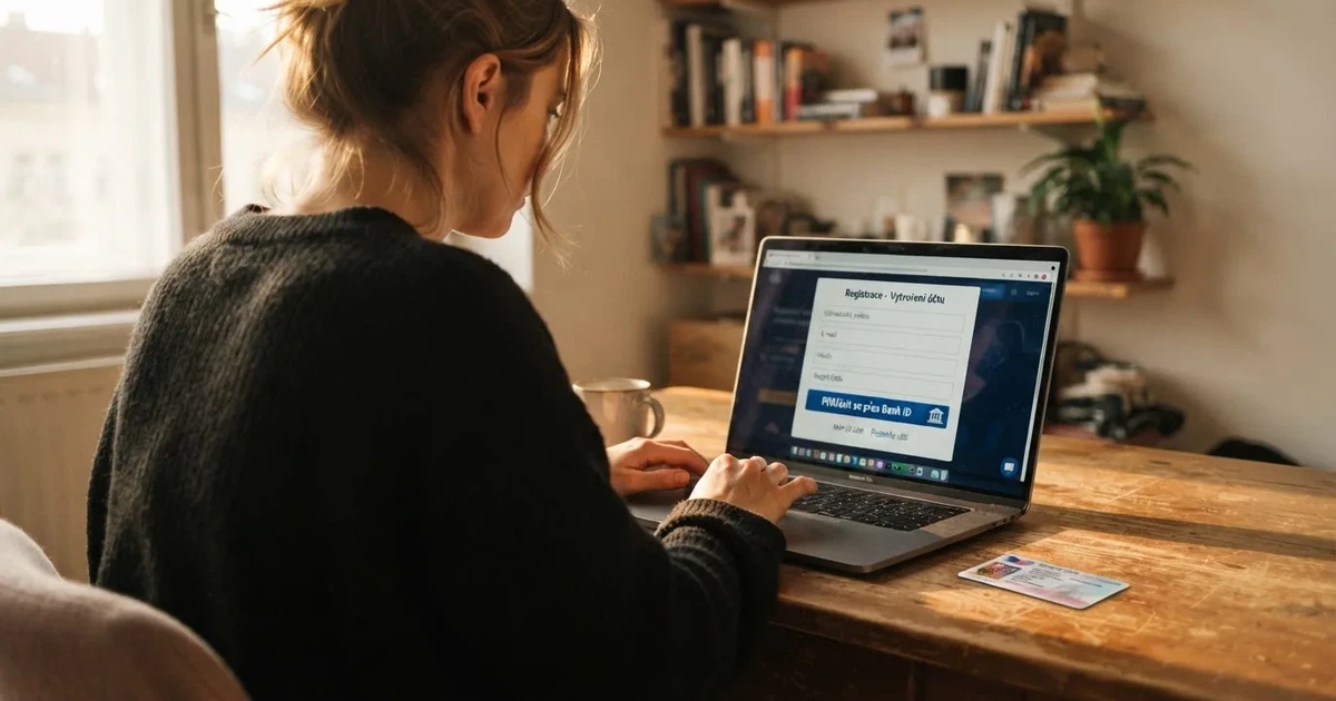 Hráč u notebooku, na obrazovce formulář registrace do online casina s možností přihlášení přes Bank iD, vedle leží občanský průkaz