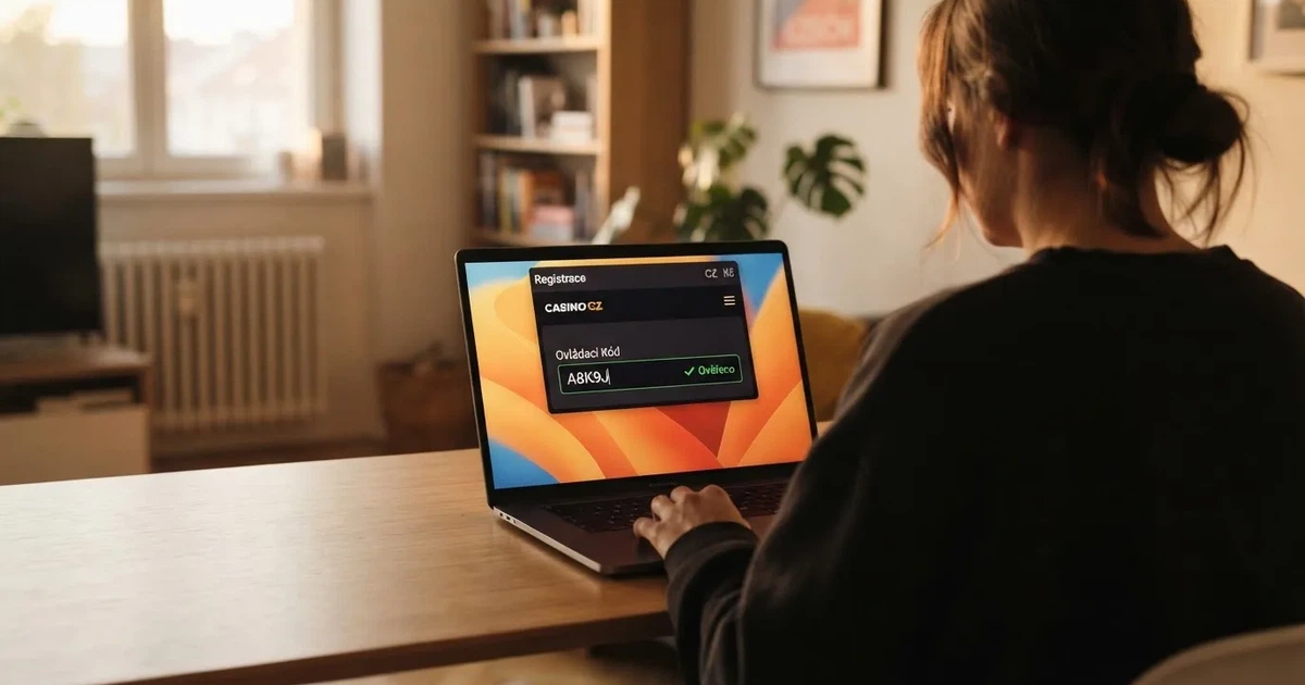 Hráč zadává promo kód na obrazovce českého online casina, v pozadí viditelné logo licence Ministerstva financí
