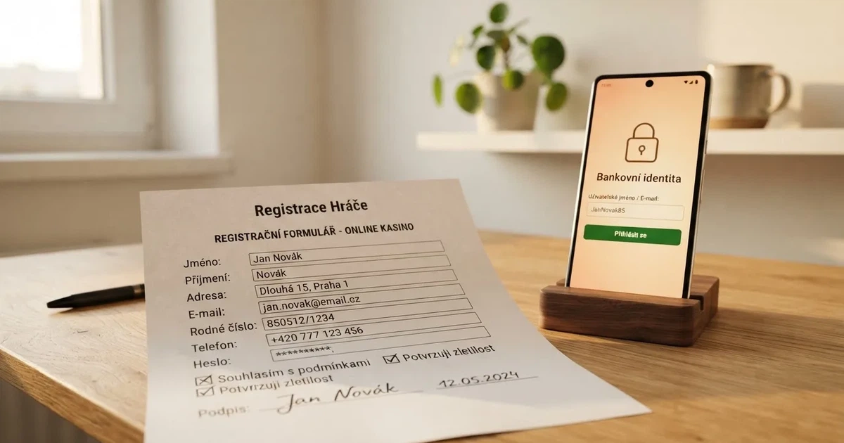 Rozložený formulář registrace do online casina s mobilem zobrazujícím přihlášení přes Bank iD