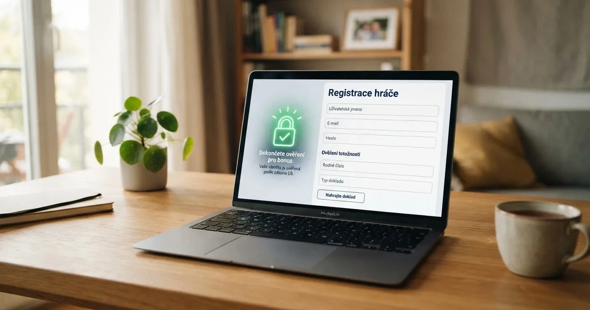 Rozhraní českého online casina s registračním formulářem a symbolem zámku u položky ověření totožnosti