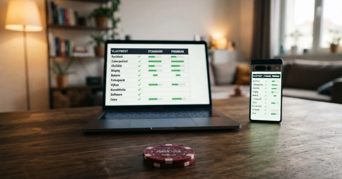 Srovnávací tabulka deseti online casin s minimálním vkladem 200 Kč na displeji notebooku a telefonu vedle sebe, v popředí česká dvousetkoruna