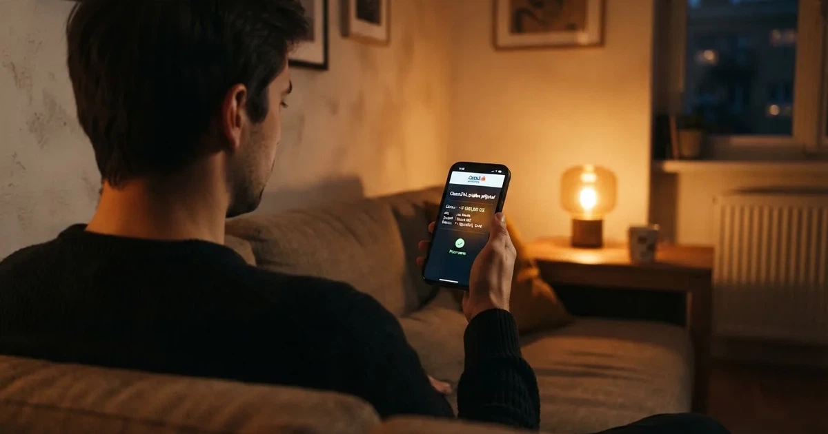 Hráč u mobilu s potvrzením okamžité výplaty z online casina na obrazovce