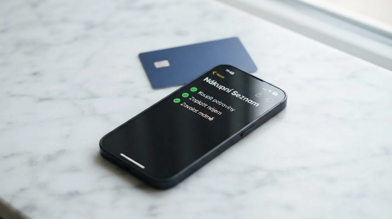 Zaškrtávací seznam se třemi body na displeji telefonu, v pozadí platební karta Visa.