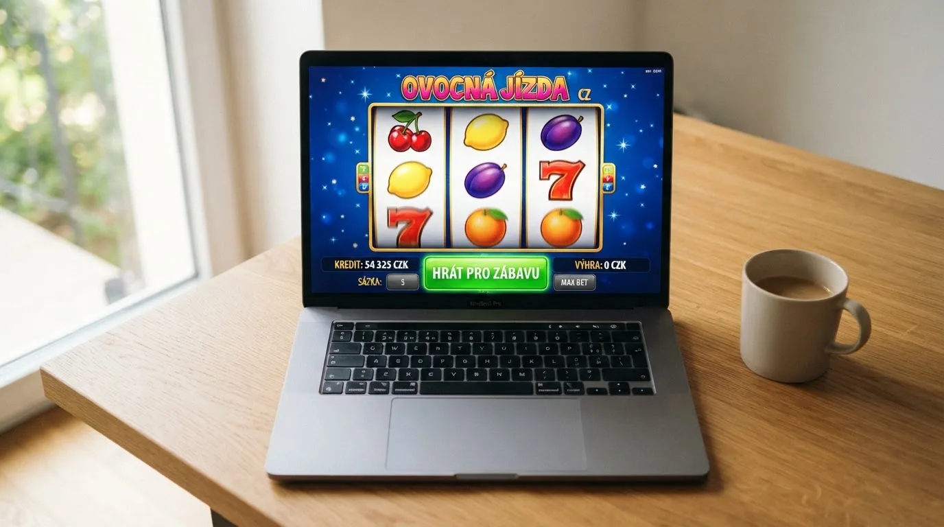 Obrazovka demo režimu klasického automatu s virtuálním kreditem a tlačítkem „Hrát pro zábavu“