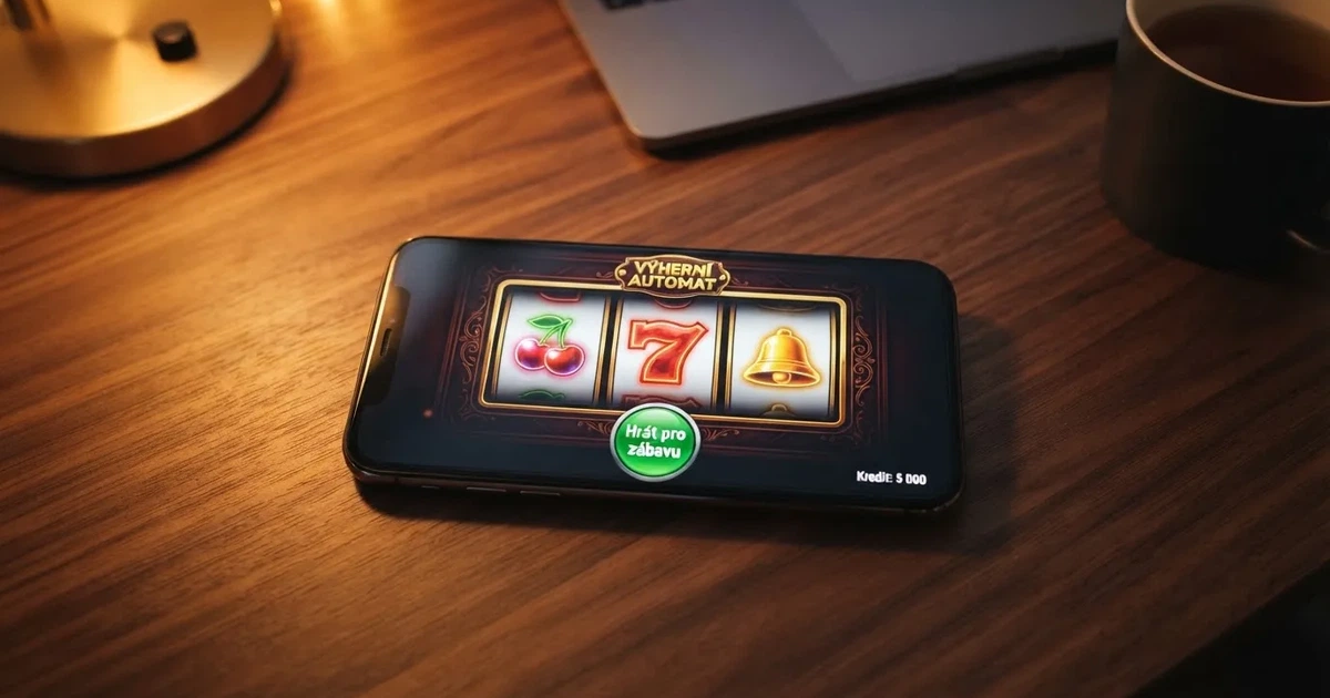 Mobilní telefon zobrazující hrací automat v demo režimu, na obrazovce tlačítko „Hrát pro zábavu“ a stav virtuálních kreditů, v pozadí logo licencovaného českého casina
