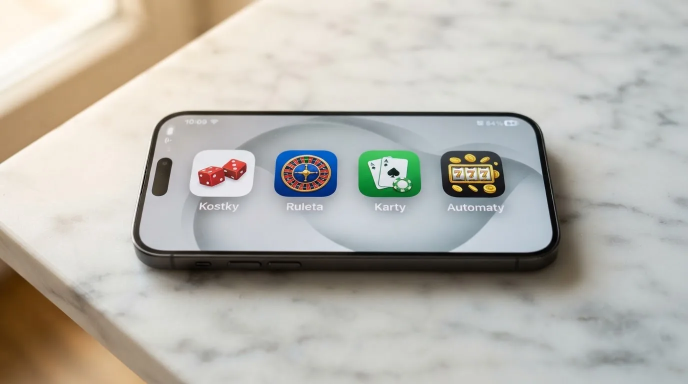 Displej mobilního telefonu s ikonami casino aplikací Tipsport, Fortuna, Chance a SynotTip na domovské obrazovce vedle sebe