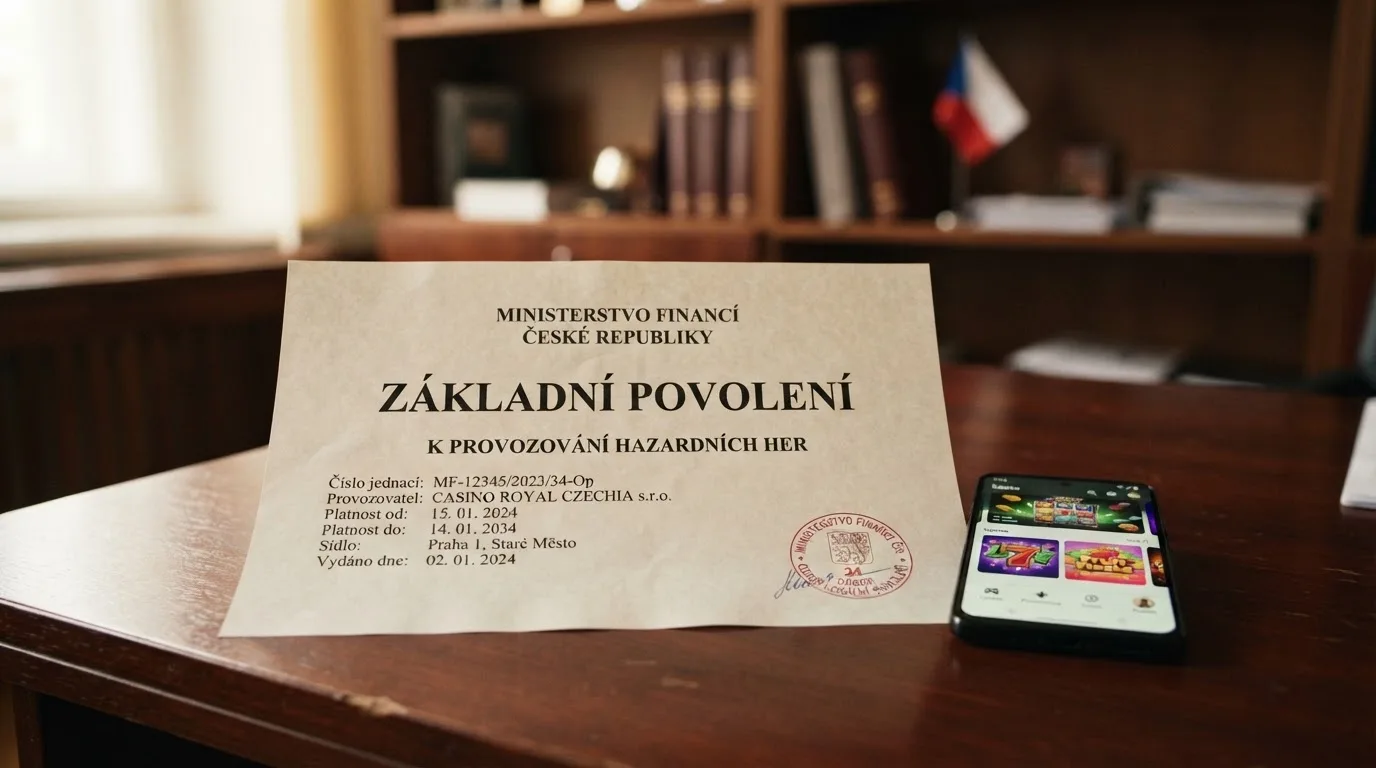 Výřez oficiálního dokumentu s razítkem Ministerstva financí ČR vedle loga licencovaného online casina