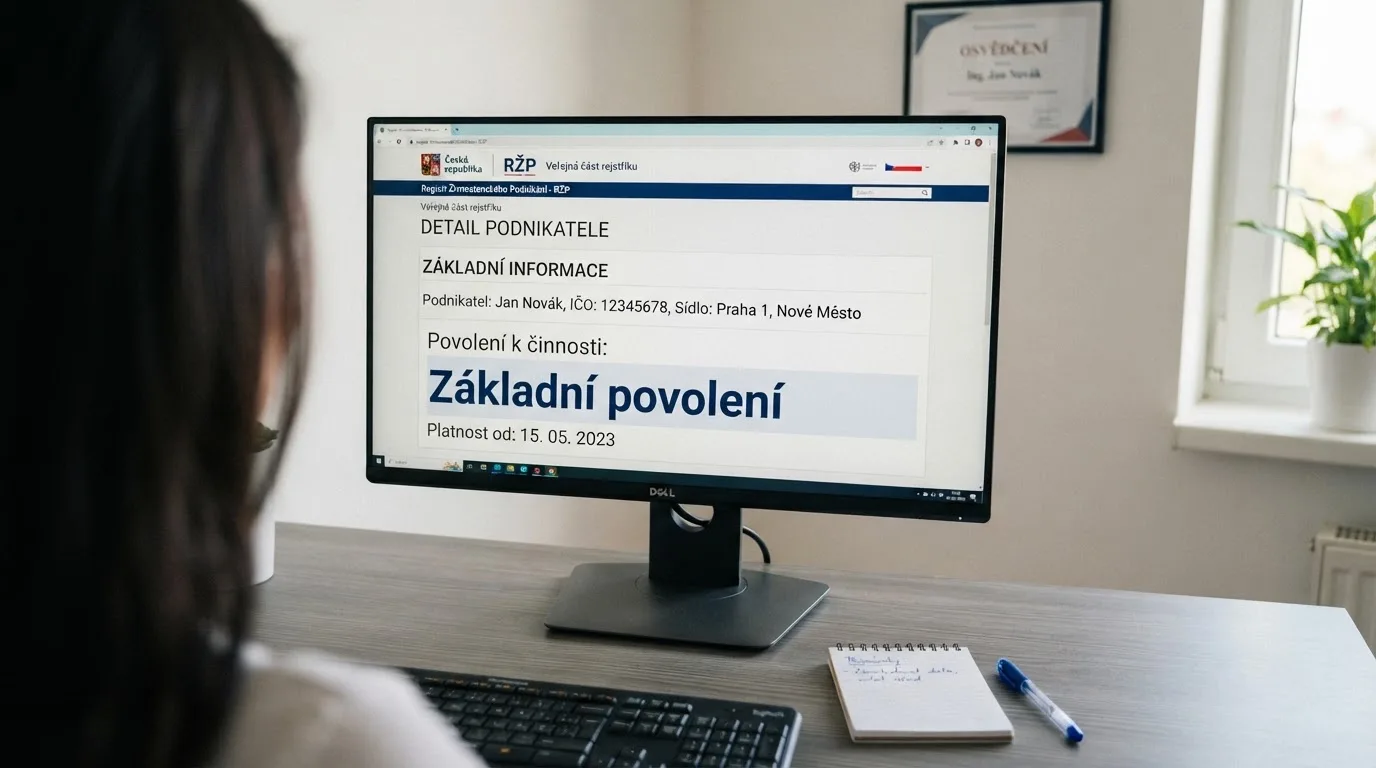 Úřední výpis z registru Ministerstva financí ČR na monitoru, se zvýrazněným polem „základní povolení“ a datem právní moci.
