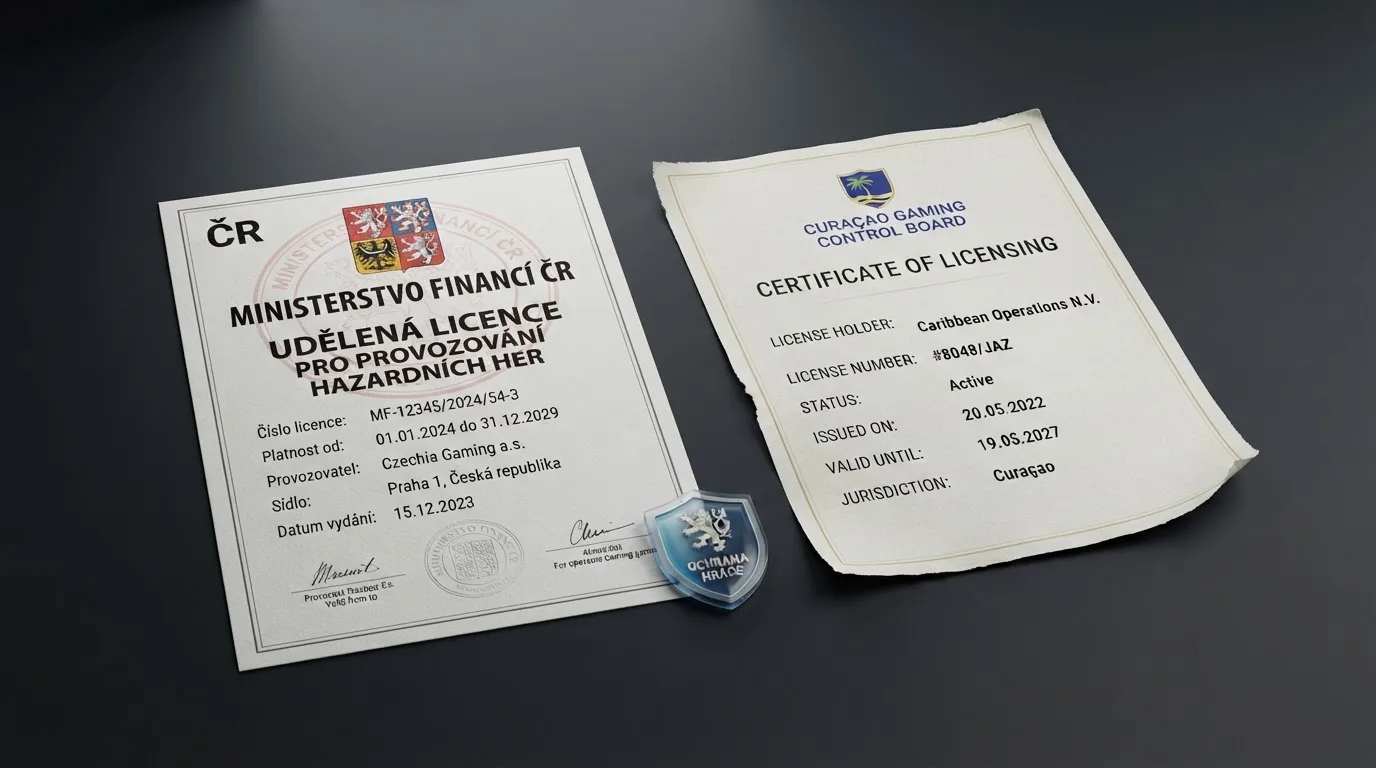 Srovnání dvou licenčních dokumentů — razítko MF ČR vedle certifikátu Curaçao Gaming Control Board