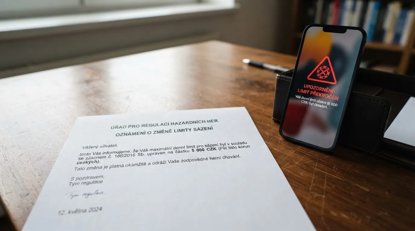 Oficiální dokument s hlavičkou Ministerstva financí České republiky vedle mobilního telefonu zobrazujícího výstražný symbol limitu sázky