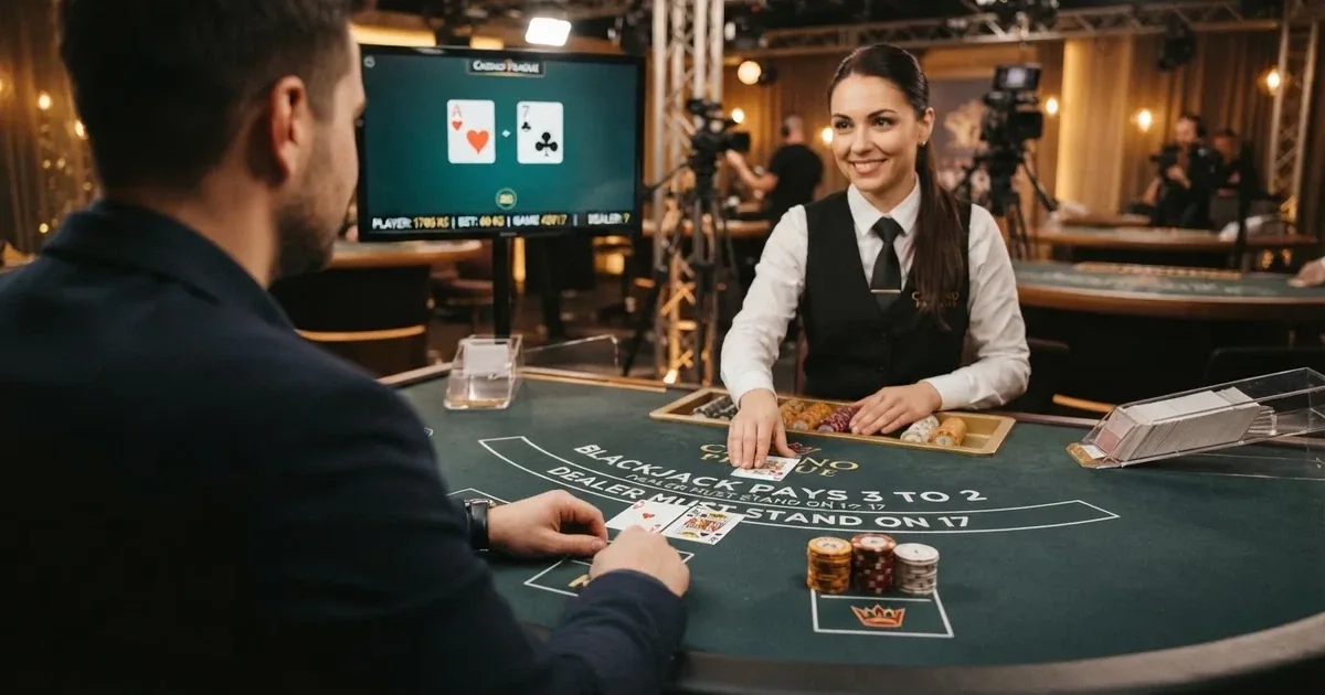 Živý krupiér rozdává karty u blackjackového stolu v profesionálním studiu, před ním virtuální sázkové pole s českým rozhraním