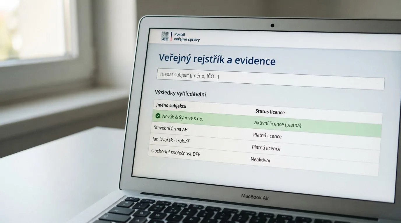 Detail obrazovky s veřejným registrem MF ČR a zvýrazněným polem pro vyhledávání provozovatele