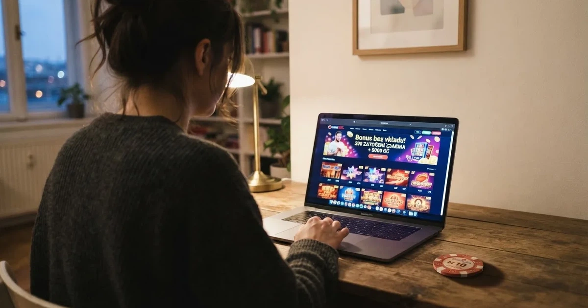Hráč u notebooku si prohlíží nabídku bonusů bez vkladu na obrazovce českého online casina