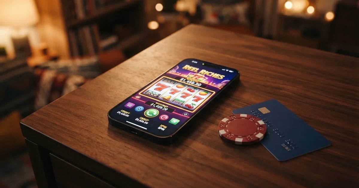 Platební karta Visa na displeji telefonu vedle loga online casina, v pozadí herní rozhraní s automaty.