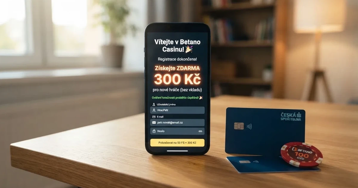 Mobilní telefon s obrazovkou zobrazující uvítací bonus a registrační formulář, vedle něj kreditní karta a česká občanka