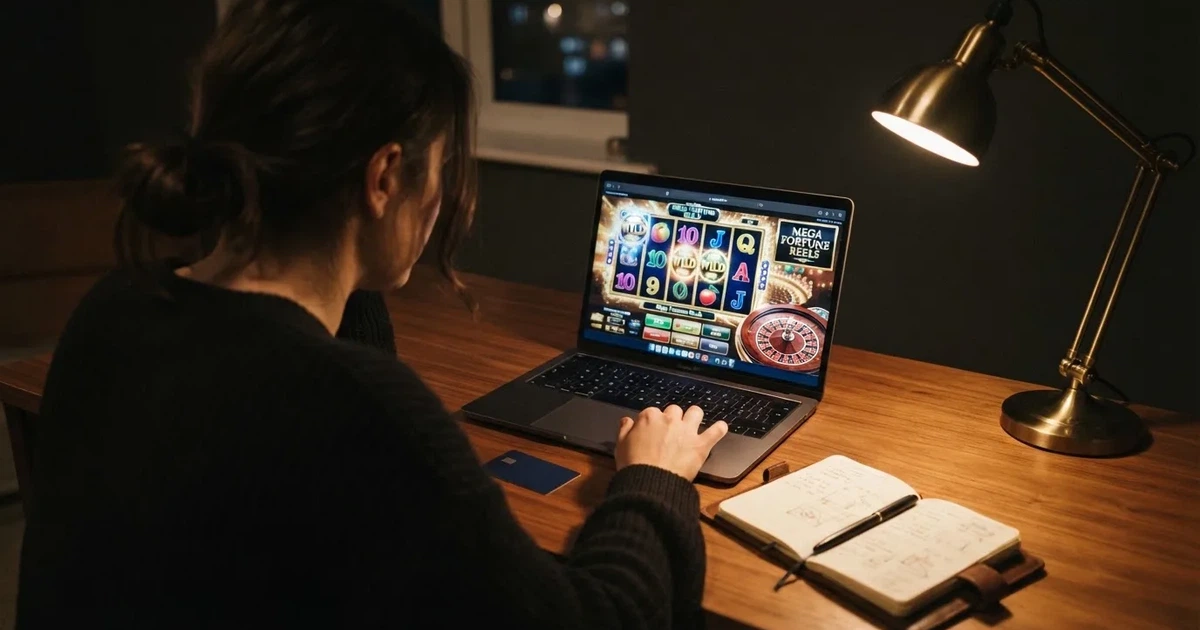 Hráč u notebooku s otevřenou stránkou online kasina, na stole vedle něj platební karta a diář