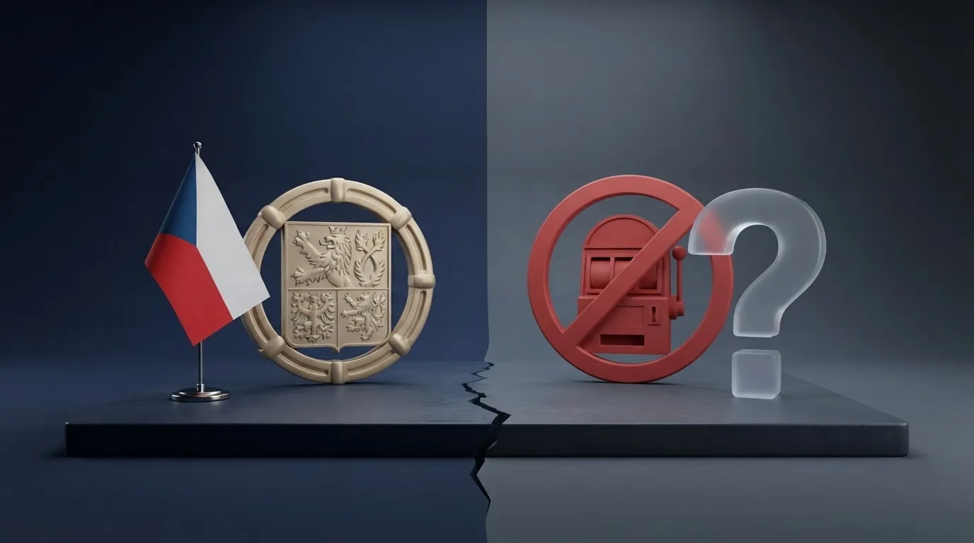 Rozcestník — na jedné straně logo s CZ vlajkou a znakem MF ČR, na druhé straně přeškrtnutý symbol hazardu s otazníkem