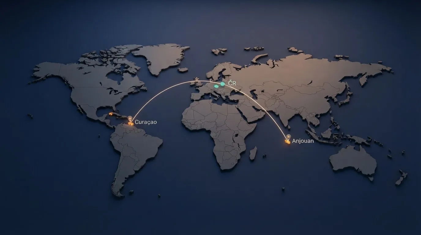 Mapa světa s vyznačenými offshore jurisdikcemi Curaçao a Anjouan a šipkou směřující k České republice
