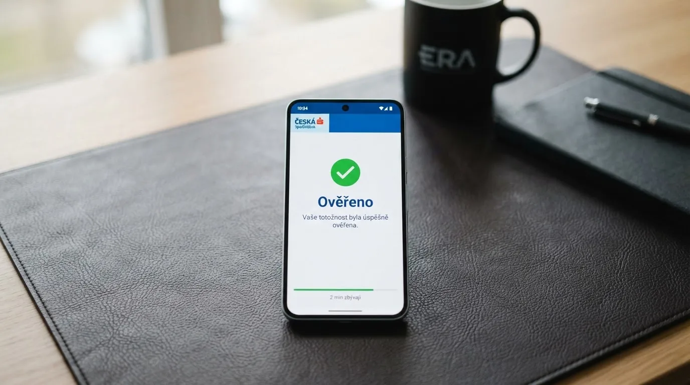 Mobilní telefon s otevřenou aplikací bankovní identity na obrazovce přihlášení do internetového bankovnictví