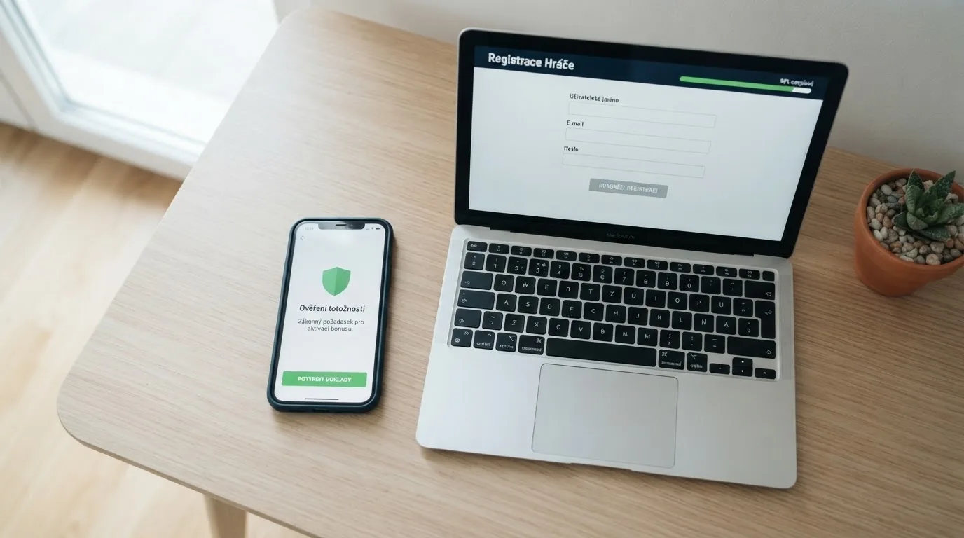 Mobilní telefon s notifikací Bank iD a obrazovka s formulářem registrace do casina