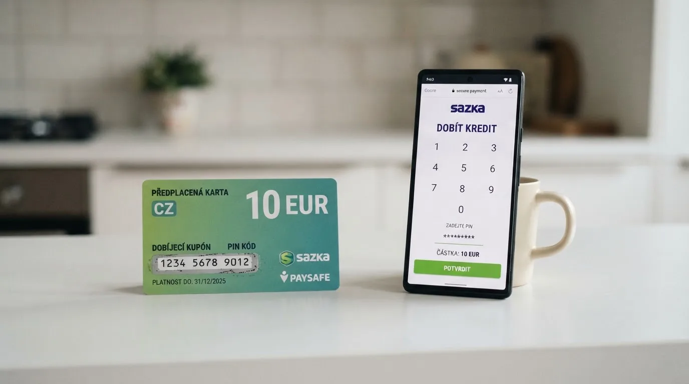Paysafecard poukázka s vytištěným PIN kódem, vedle ní mobil s otevřenou platební bránou kasina