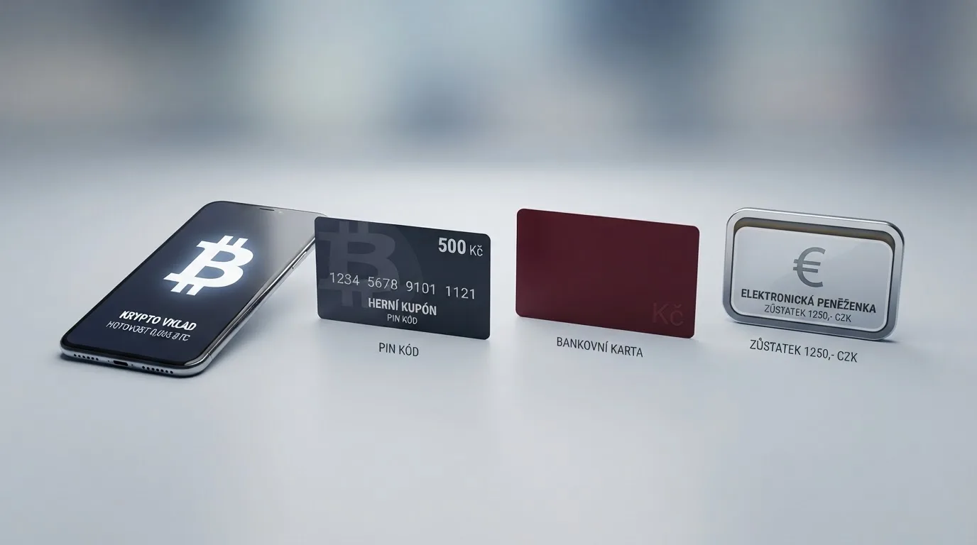 Koláž platebních metod — bitcoin peněženka na mobilu, voucher Paysafecard s PIN kódem, platební karta a logo e-peněženky — se zvýrazněným rozdělením na „viditelné pro banku“ a „skryté před bankou“
