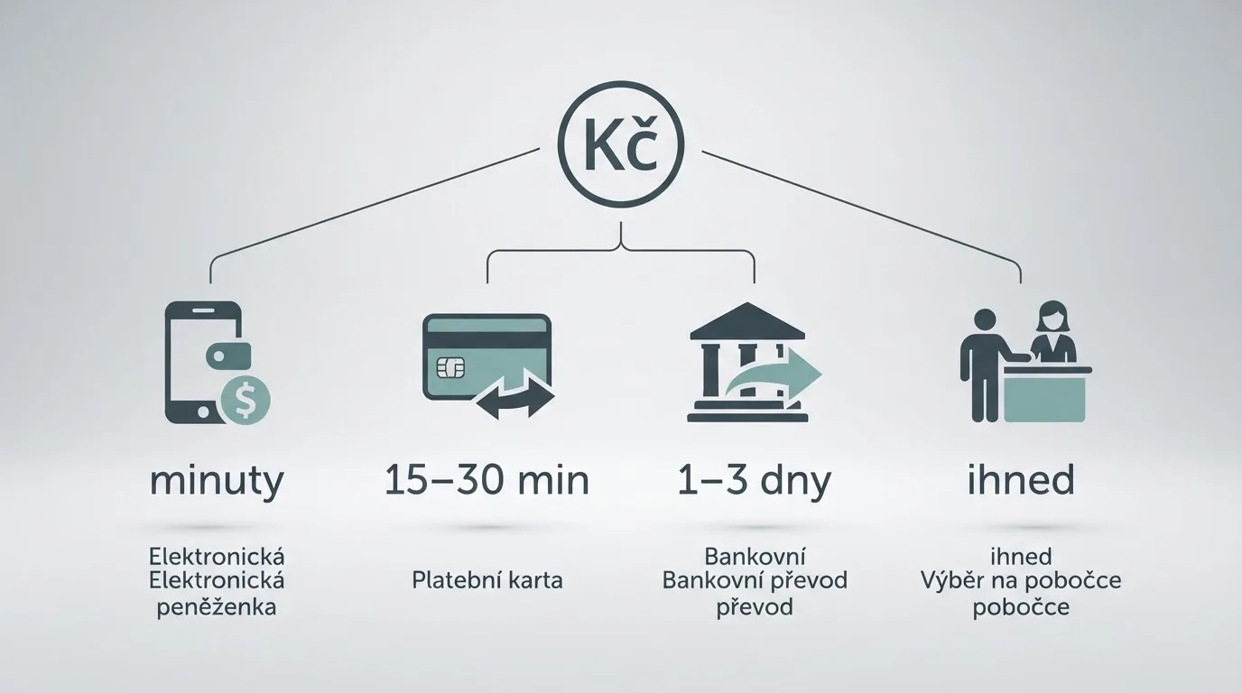 Infografika srovnávající výběrové metody — e-peněženka, platební karta, bankovní převod a pobočka — s orientačním časem výplaty u každé z nich