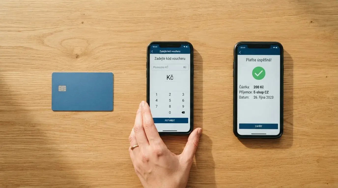 Platební karta, telefon s Paysafecard kupónem a mobil s bankovní aplikací na jednom stole — tři nejčastější způsoby, jak vložit 200 Kč