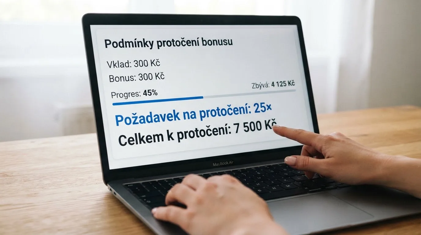 Detailní záběr na obrazovku s podmínkami bonusu — zvýrazněný řádek s násobkem protočení a částkou, která musí být prosázena
