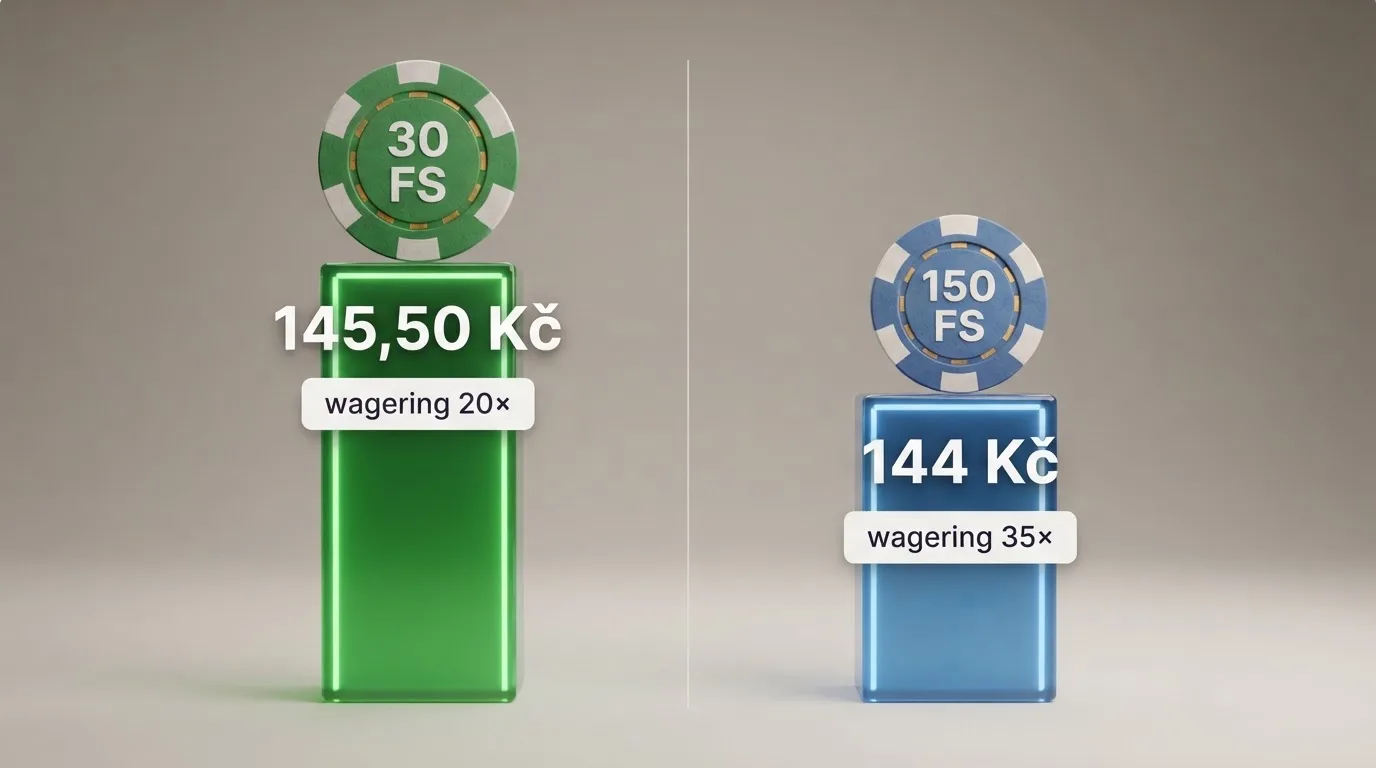 Vizuální srovnání dvou nabídek: 150 spinů po 1 Kč s vysokým wageringem vedle 30 spinů po 5 Kč s nízkým wageringem