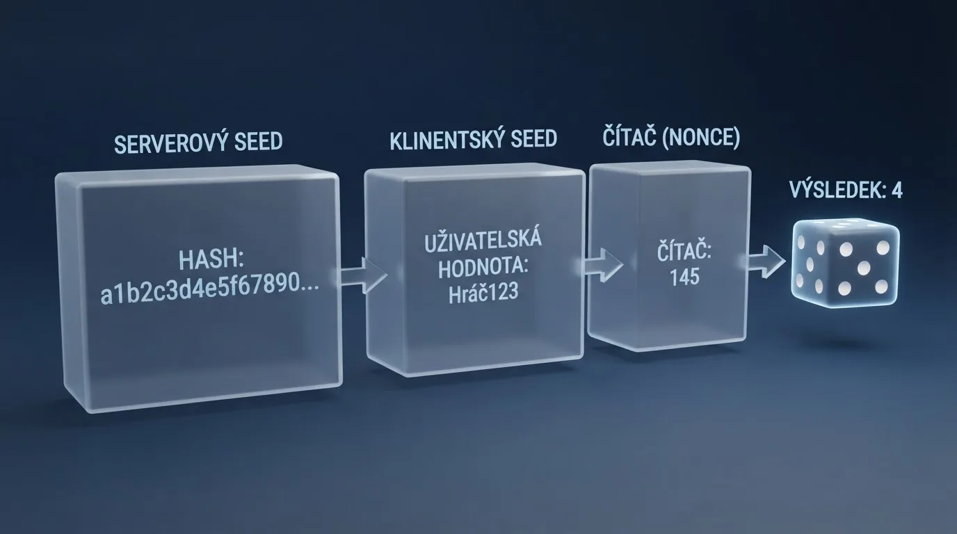 Schéma provably fair mechanismu — tři prvky: server seed (zahashovaný před sázkou), client seed (nastavený hráčem) a nonce (čítač s každou sázkou)