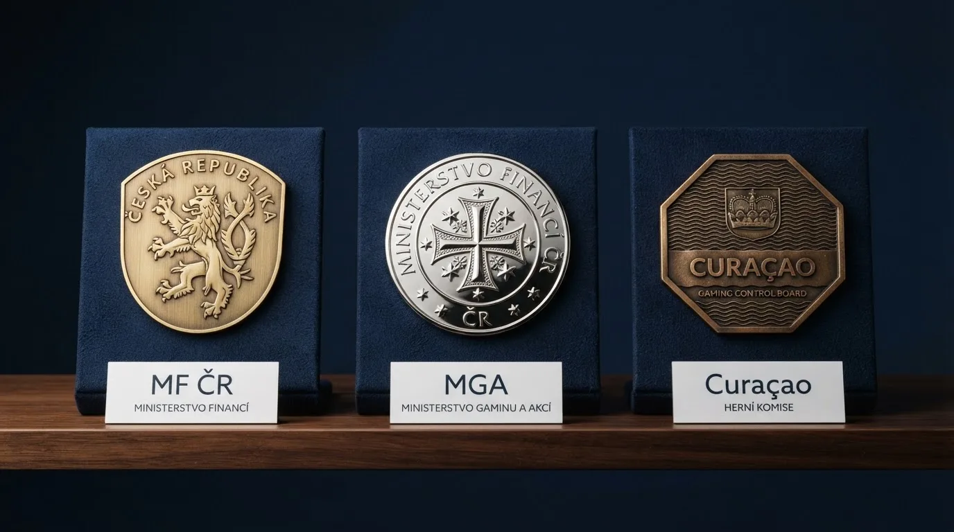 Tři symboly licenčních autorit vedle sebe: logo MF ČR, znak MGA Malta a znak Curaçao Gaming Control Board