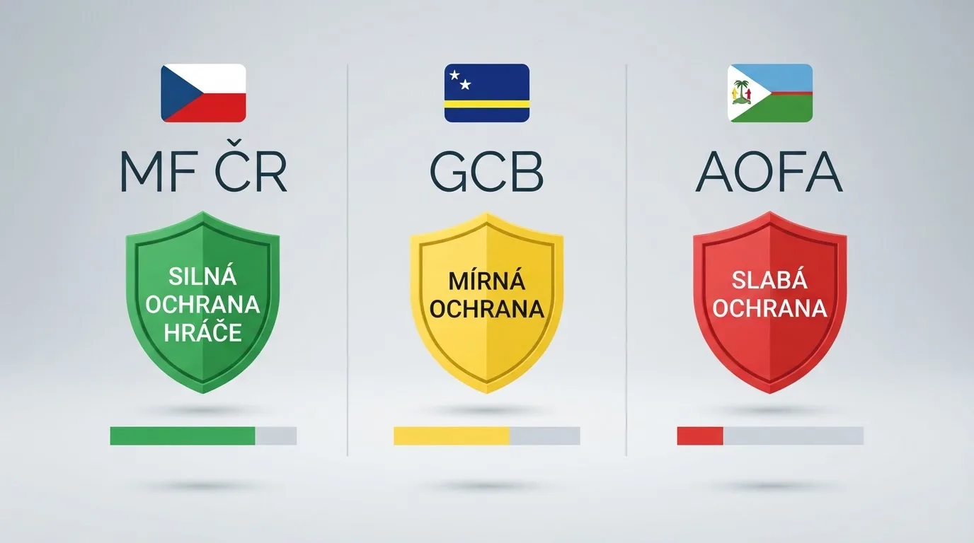 Přehledná tabulka tří licenčních režimů — Česká republika (MF ČR), Curaçao (GCB) a Anjouan (AOFA) — s vyznačením ochrany hráče a řešení sporů