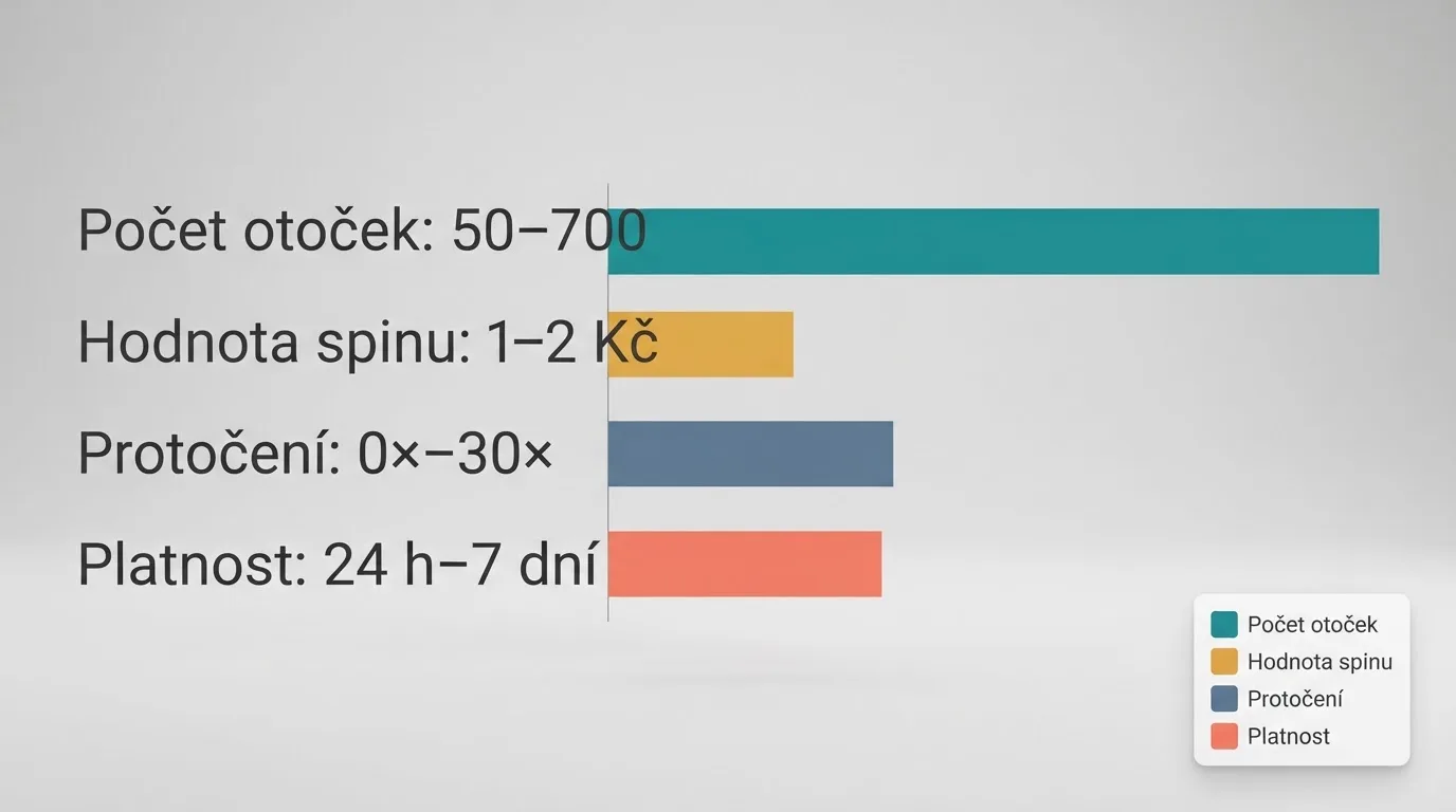 Přehledná infografika s klíčovými parametry volných otoček — počet otoček, hodnota spinu, protočení a platnost — ve vizuálním srovnání.