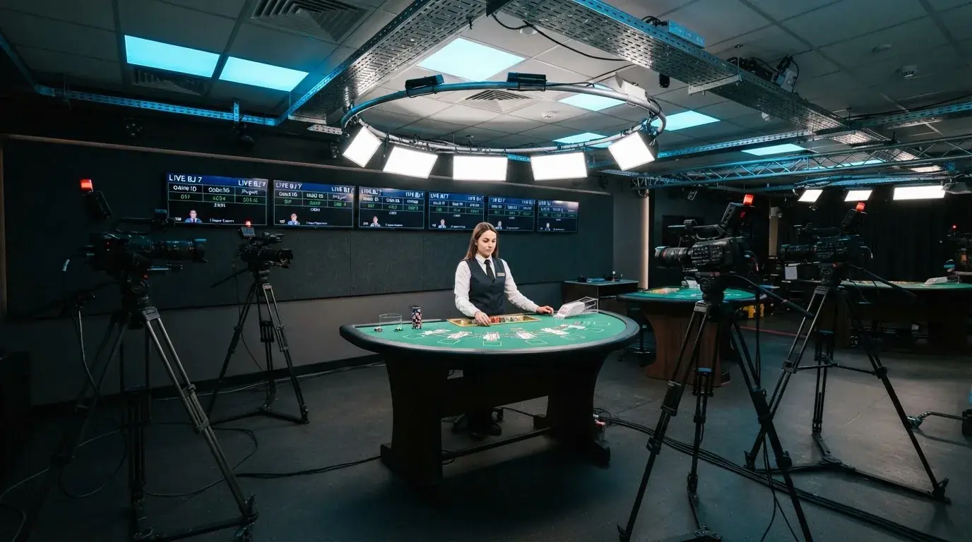 Interiér live casinového studia s blackjackovým stolem, krupiérem, kamerami a monitory — pohled do zákulisí profesionálního vysílání