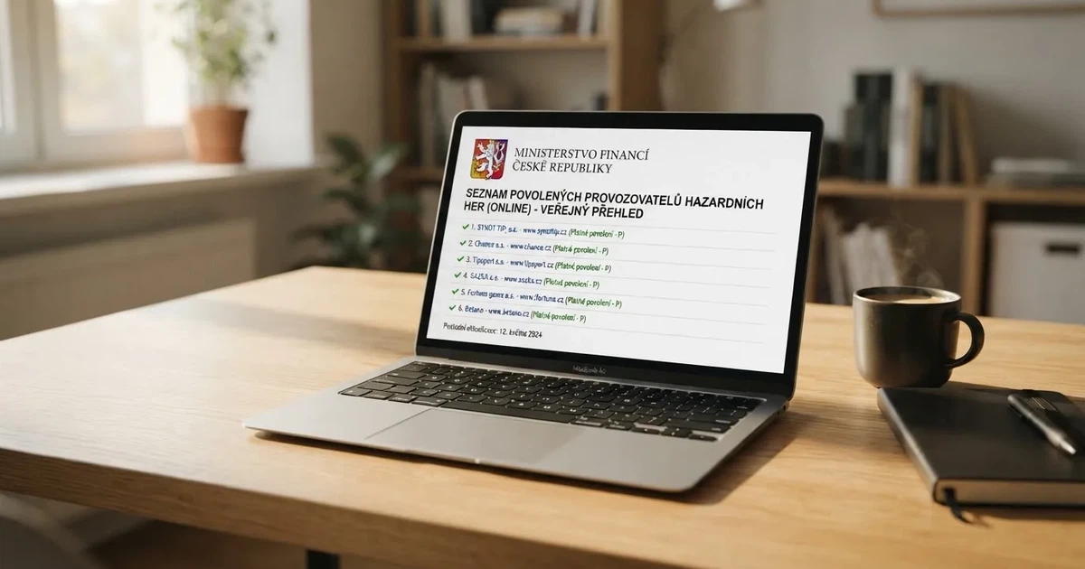 Logo MF ČR na obrazovce vedle seznamu licencovaných online casin s českou doménou .cz
