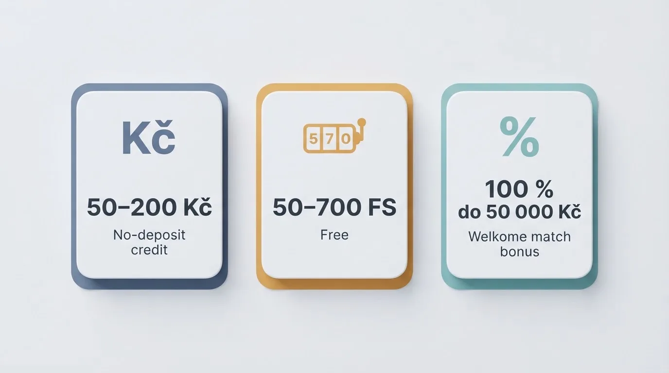 Přehledná infografika znázorňující tři typy bonusů – kredit bez vkladu, volné otočky a uvítací match – s jejich typickými hodnotami