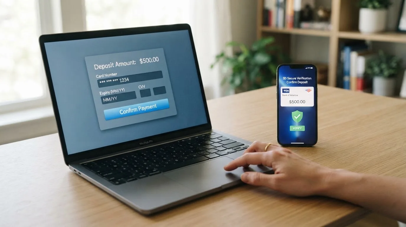 Obrazovka s formulářem pro zadání údajů platební karty v online casinu, vedle mobil s notifikací 3D Secure.