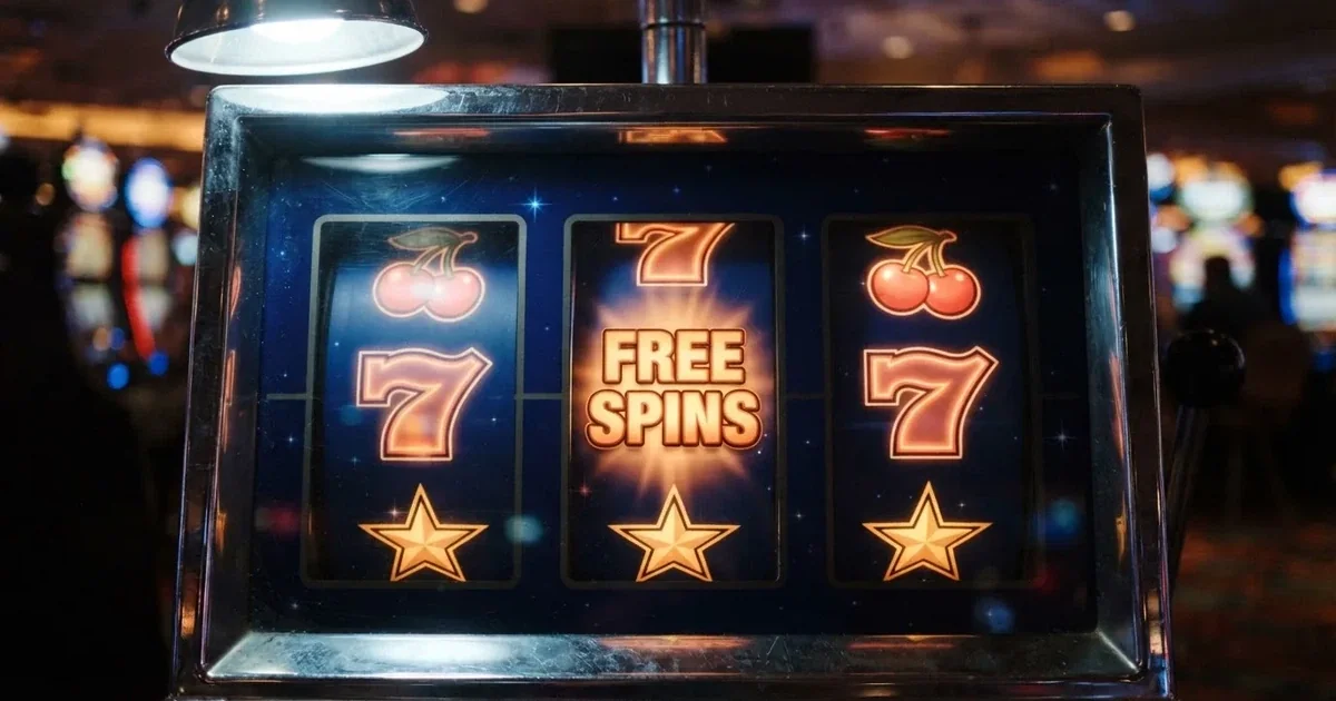 Roztočené válce výherního automatu s nápisem Free Spins, zářícími symboly sedmiček, třešní a zlatých hvězd na tmavě modrém pozadí