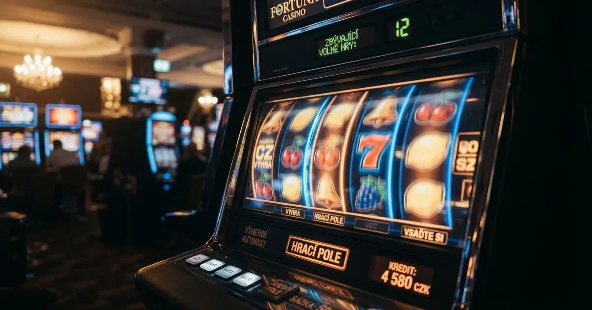 Roztočené válce automatu s bonusovým kolem free spinů, na displeji počítadlo zbývajících otoček zdarma