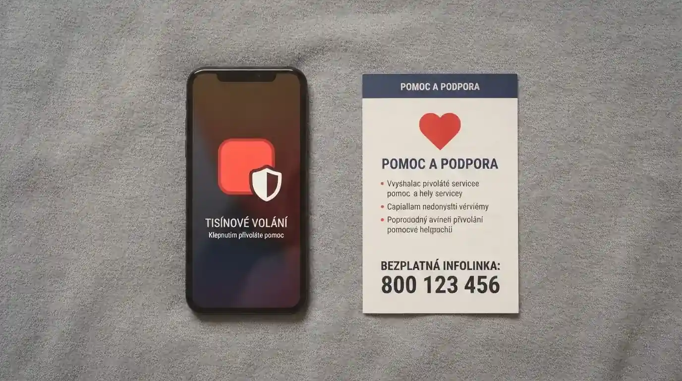 Telefon s vytočenou linkou pomoci, vedle ikona panic button a informační leták v češtině.
